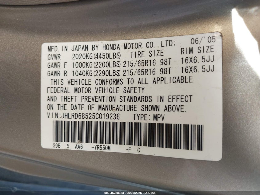 2005 Honda Cr-v VIN JHLRD68525C019236 IAAI salvage auction — FRONT END, Salvage (California), sold $775 on 2026-07-07 (photo 9)