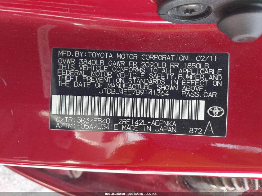 2011 Toyota Corolla VIN JTDBU4EE7B9141364 IAAI salvage auction — MECHANICAL, Original (Texas), sold $1,675 on 2026-07-07 (photo 9)