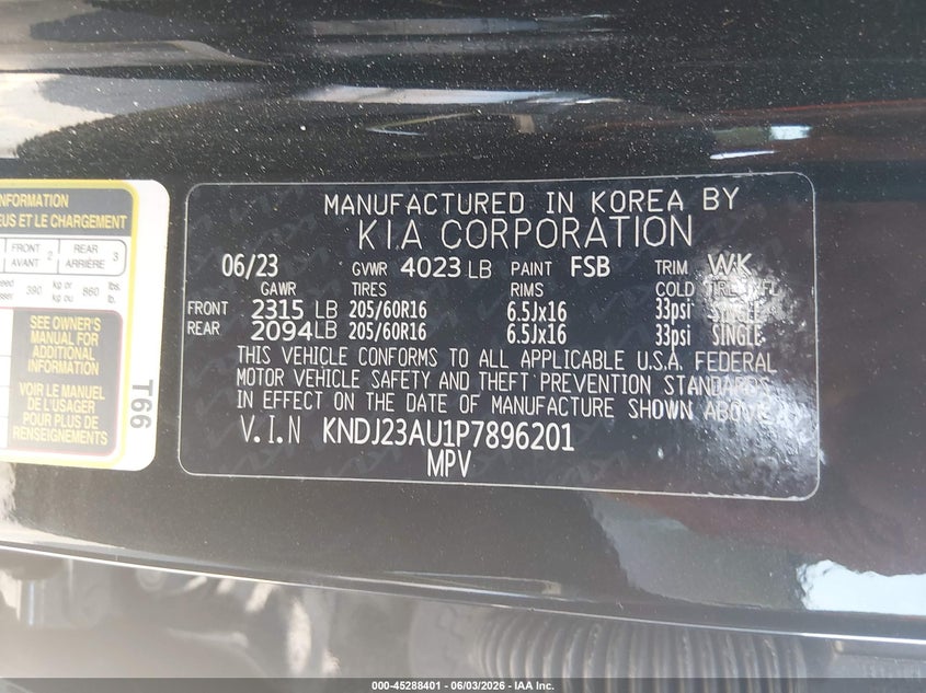 2023 Kia Soul VIN KNDJ23AU1P7896201 IAAI salvage auction — LEFT REAR, Salvage Title, sold $5,200 on 2026-07-08 (photo 9)