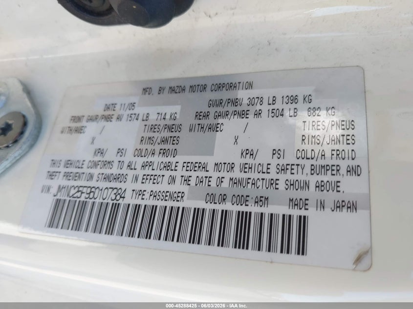 2006 Mazda Mx-5 VIN JM1NC25F960107384 IAAI salvage auction — FRONT END, Clear (Indiana), sold $1,600 on 2026-07-15 (photo 9)