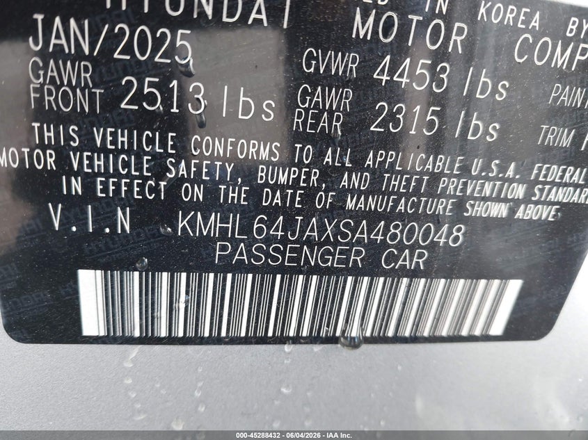 2025 Hyundai Sonata VIN KMHL64JAXSA480048 IAAI salvage auction — LEFT FRONT, Salvage Title, sold $7,300 on 2026-07-22 (photo 9)