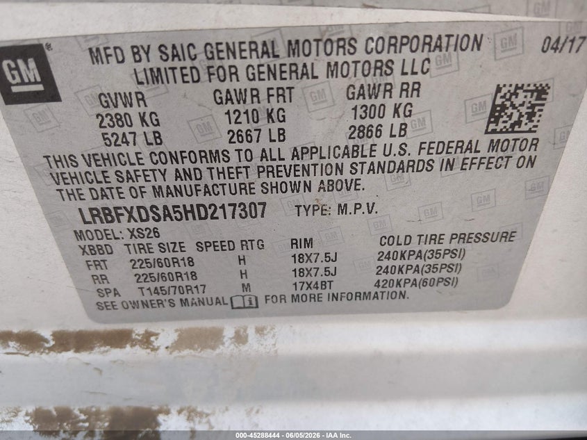 2017 Buick Envision VIN LRBFXDSA5HD217307 IAAI salvage auction — FRONT END, Salvage Title, sold $1,925 on 2026-07-17 (photo 9)