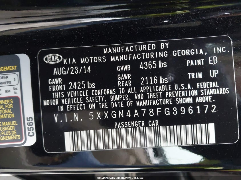 2015 Kia Optima VIN 5XXGN4A78FG396172 IAAI salvage auction — NORMAL WEAR, Clear (Texas), sold $1,275 on 2026-07-30 (photo 9)