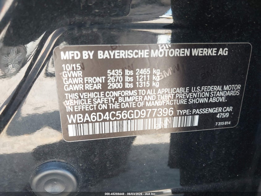 2016 BMW 6er VIN WBA6D4C56GD977396 IAAI salvage auction — FRONT END, Salvage Title, sold $2,450 on 2026-07-22 (photo 9)