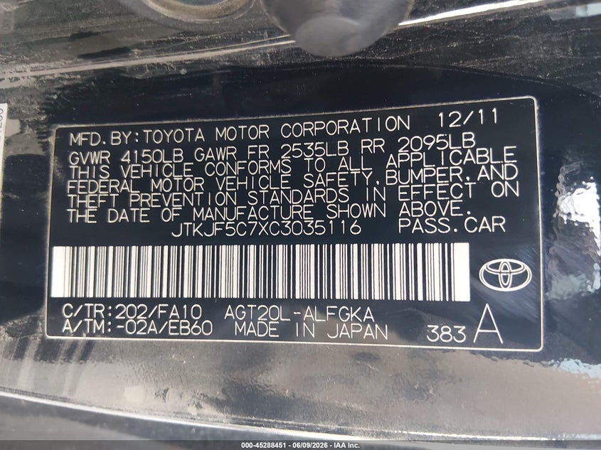 2012 Scion Tc VIN JTKJF5C7XC3035116 IAAI salvage auction — RIGHT REAR, Salvage Title, sold $200 on 2026-07-24 (photo 9)