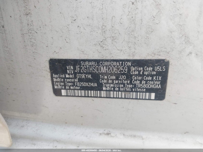 2021 Subaru Xv VIN JF2GTHSC0MH206259 IAAI salvage auction — LEFT SIDE, Salvage Title, sold $4,200 on 2026-07-21 (photo 9)