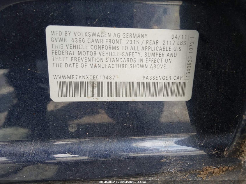 2012 Volkswagen Passat cc VIN WVWMP7ANXCE513487 IAAI salvage auction — LEFT FRONT, Clear (Missouri), sold $700 on 2026-08-04 (photo 9)
