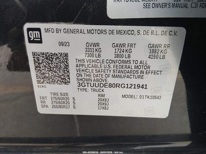 2024 Gmc SIERRA VIN 3GTUUDE80RG121941 IAAI salvage auction — SIDE, Salvage Title, sold $14,700 on 2026-07-22 (photo 9)