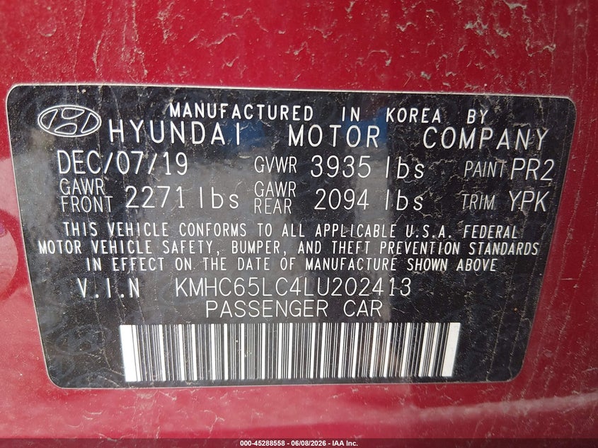2020 Hyundai Ioniq hybrid VIN KMHC65LC4LU202413 IAAI salvage auction — NORMAL WEAR, Clear (Florida), sold $1,600 on 2026-07-17 (photo 9)