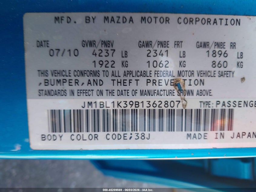 2011 Mazda 3 VIN JM1BL1K39B1362807 IAAI salvage auction — ENGINE DAMAGE, Rebuildable (Florida), sold $25 on 2026-07-28 (photo 9)
