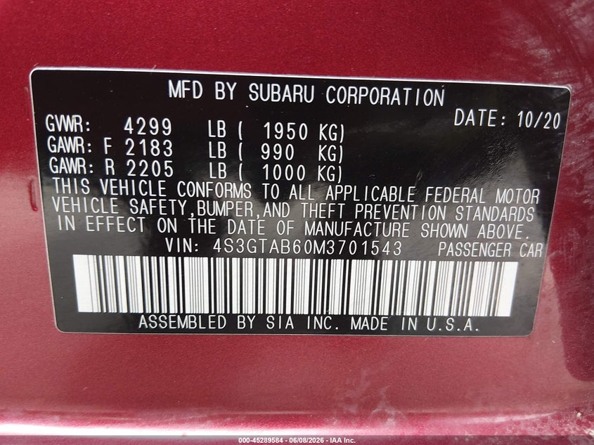 2021 Subaru Impreza VIN 4S3GTAB60M3701543 IAAI salvage auction — FRONT END, Salvage Title, sold $1,700 on 2026-07-09 (photo 9)