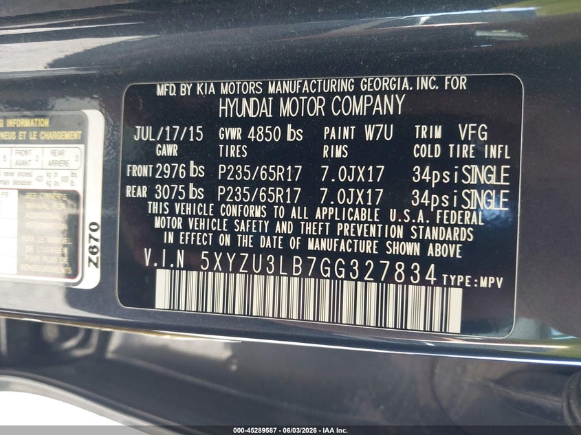 2016 Hyundai Santa fe VIN 5XYZU3LB7GG327834 IAAI salvage auction — FRONT END, Salvage Title, sold $2,300 on 2026-07-15 (photo 9)
