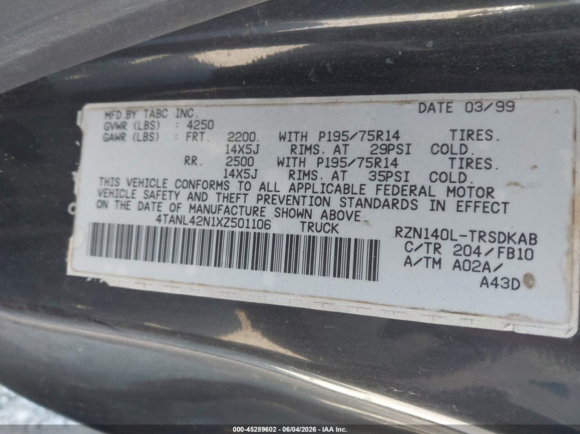 1999 Toyota Tacoma VIN 4TANL42N1XZ501106 IAAI salvage auction — RIGHT FRONT, Salvage (Georgia), sold $1,650 on 2026-07-09 (photo 9)