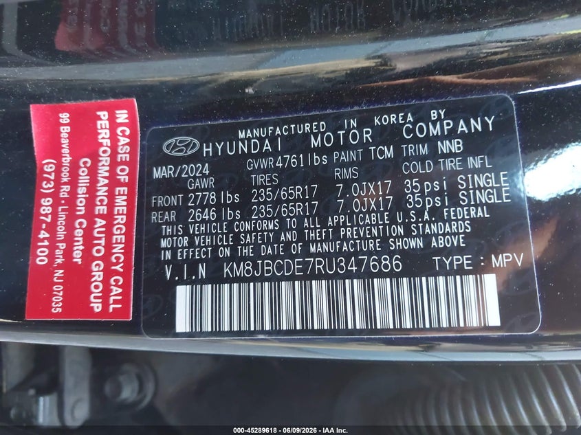 2024 Hyundai Tucson VIN KM8JBCDE7RU347686 IAAI salvage auction — LEFT SIDE, Salvage Title, sold $8,250 on 2026-07-22 (photo 9)
