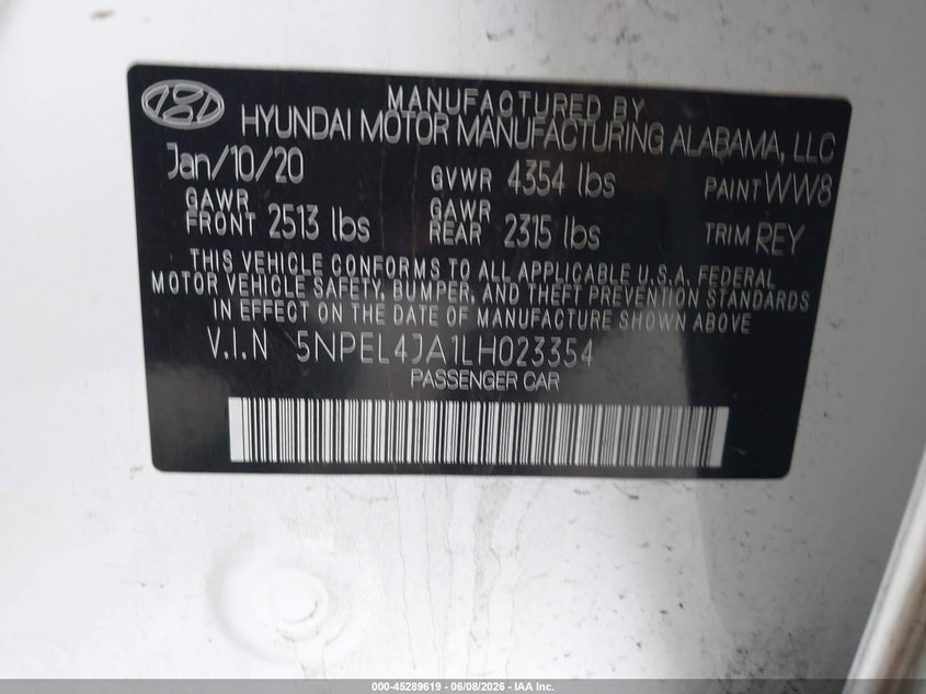2020 Hyundai Sonata VIN 5NPEL4JA1LH023354 IAAI salvage auction — FRONT END, Salvage Title, sold $725 on 2026-07-29 (photo 9)