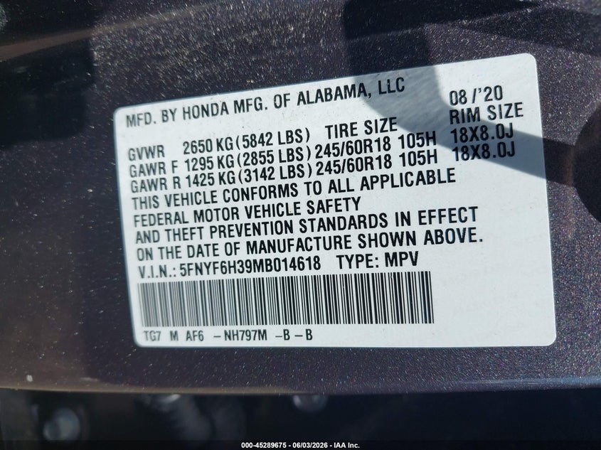 2021 Honda Pilot VIN 5FNYF6H39MB014618 IAAI salvage auction — FRONT END, Salvage Title, sold $4,800 on 2026-07-19 (photo 9)