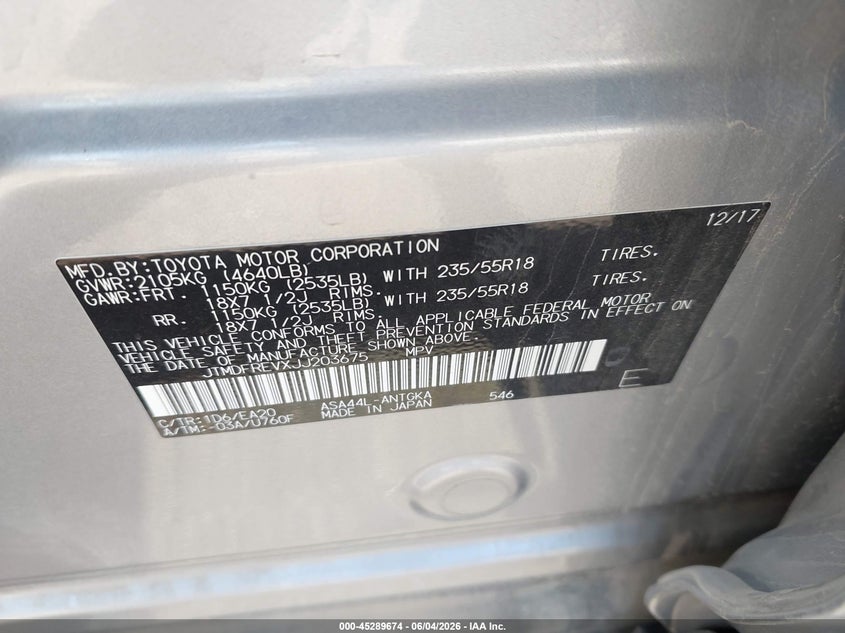 2018 Toyota Rav 4 VIN JTMDFREVXJJ203675 IAAI salvage auction — HAIL, Salvage Title, sold $11,400 on 2026-07-14 (photo 9)