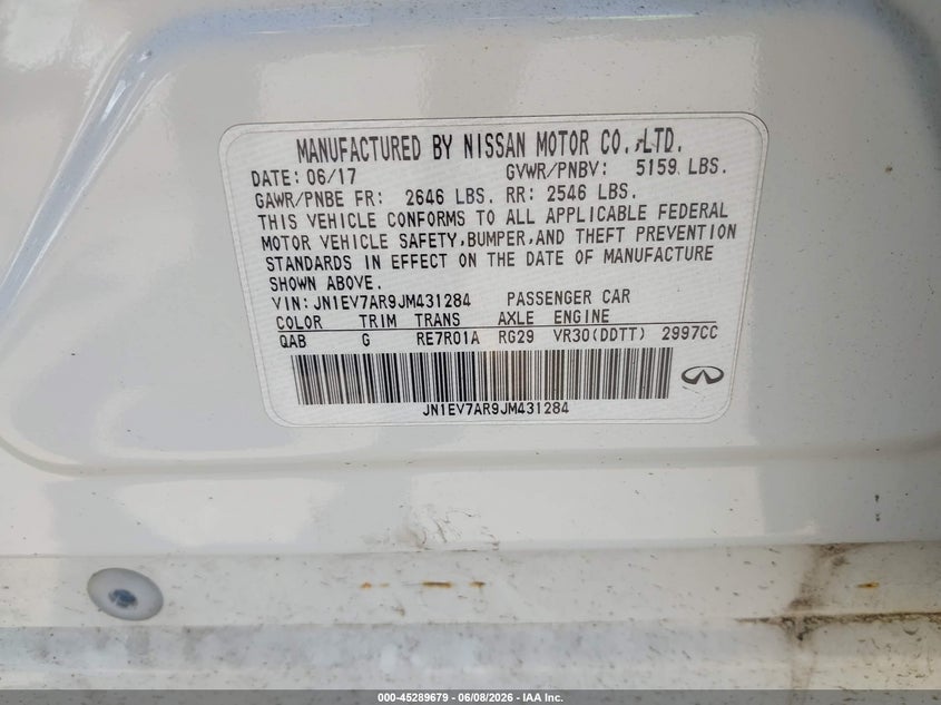 2018 Infiniti Q50 VIN JN1EV7AR9JM431284 IAAI salvage auction — THEFT, Salvage Title, sold $675 on 2026-07-21 (photo 9)