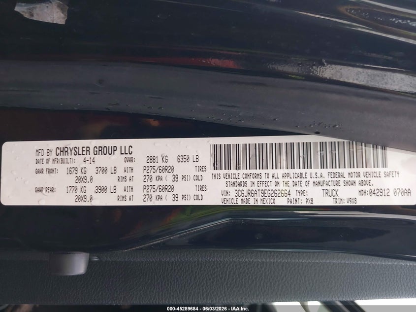 2014 Ram 1500 VIN 3C6JR6AT9EG262664 IAAI salvage auction — FRONT END, Salvage Title, sold $5,550 on 2026-07-22 (photo 9)