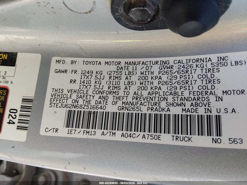 2008 Toyota Tacoma VIN 5TEJU62N68Z516640 IAAI salvage auction — RIGHT REAR, Salvage (Virginia), sold $1,950 on 2026-07-10 (photo 9)