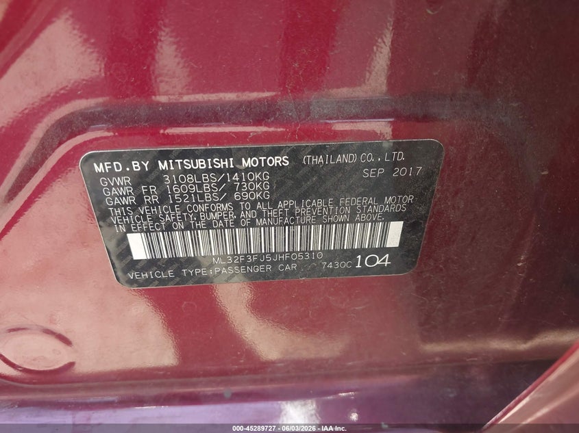 2018 Mitsubishi Mirage VIN ML32F3FJ5JHF05310 IAAI salvage auction — LEFT FRONT, Salvage Title, sold $1,825 on 2026-07-07 (photo 9)