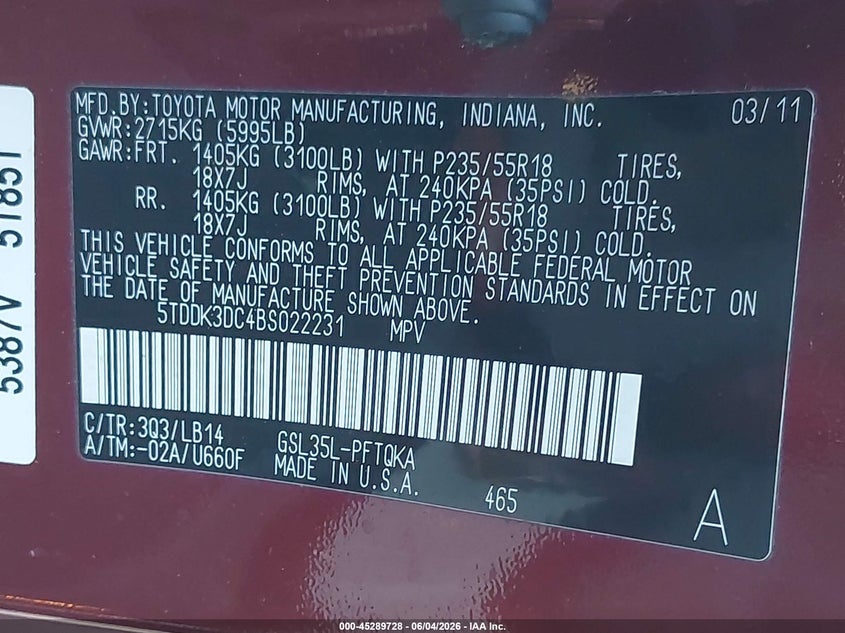 2011 Toyota Sienna VIN 5TDDK3DC4BS022231 IAAI salvage auction — REAR END, Clear (New Jersey), sold $3,050 on 2026-07-06 (photo 9)