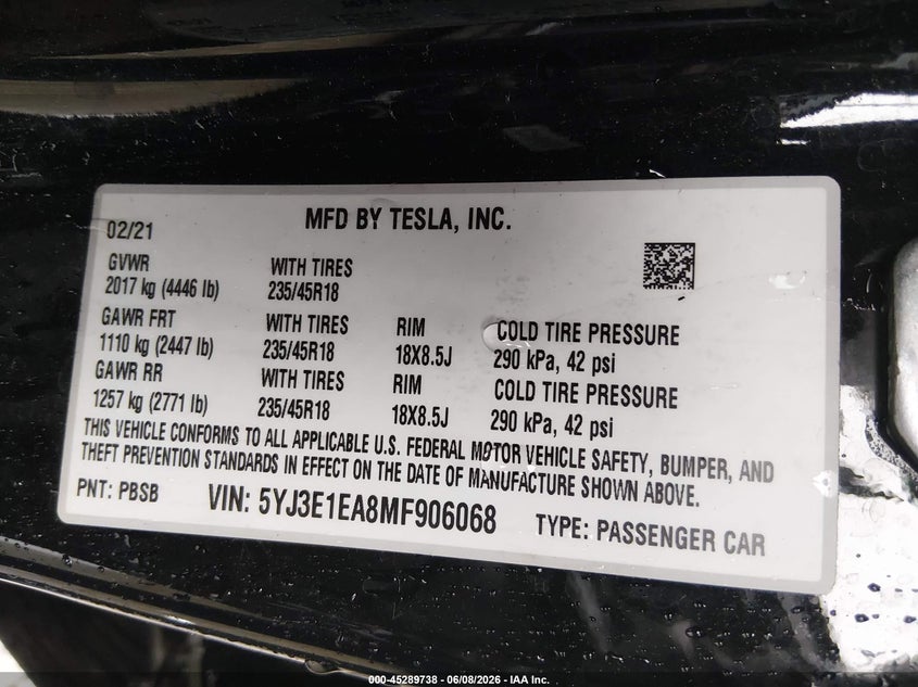 2021 Tesla Model 3 VIN 5YJ3E1EA8MF906068 IAAI salvage auction — FRONT END, Salvage Title, sold $7,700 on 2026-07-09 (photo 9)