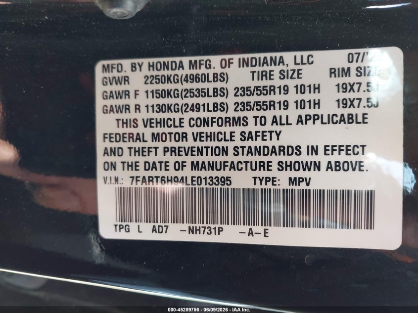 2020 Honda Cr-v VIN 7FART6H94LE013395 IAAI salvage auction — HAIL, Original (Texas), sold $6,100 on 2026-07-22 (photo 9)