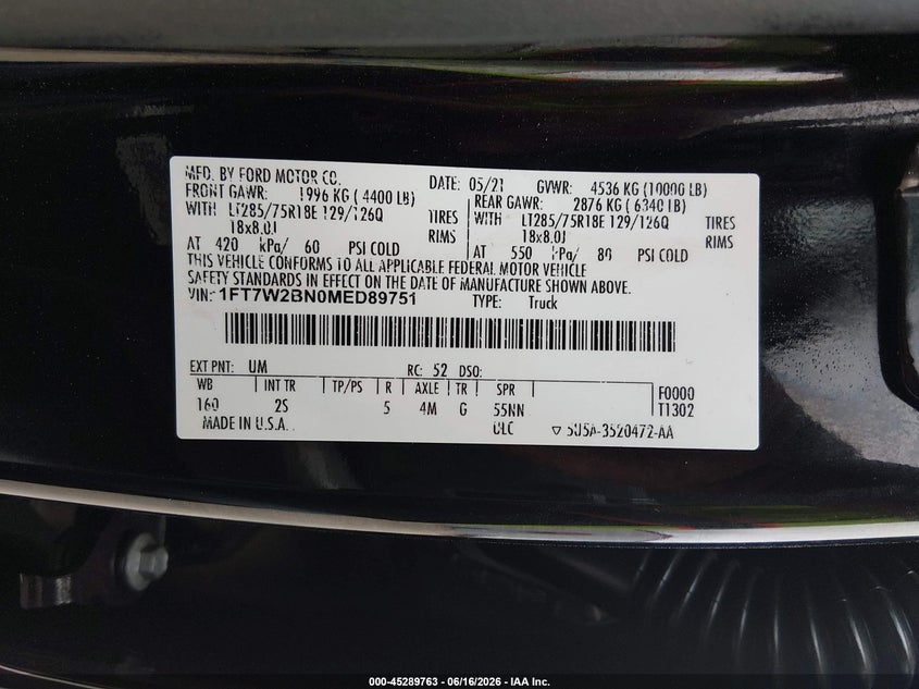 2021 Ford F-250 VIN 1FT7W2BN0MED89751 IAAI salvage auction — UNKNOWN, Original (Texas), sold $29,750 on 2026-07-28 (photo 9)