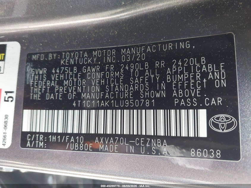 2020 Toyota Camry VIN 4T1C11AK1LU950781 IAAI salvage auction — LEFT FRONT, Salvage Title, sold $5,250 on 2026-07-19 (photo 9)
