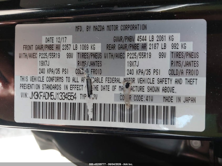 2018 Mazda Cx-5 VIN JM3KFADM5J1334554 IAAI salvage auction — LEFT FRONT, Salvage Title, sold $3,850 on 2026-08-01 (photo 9)