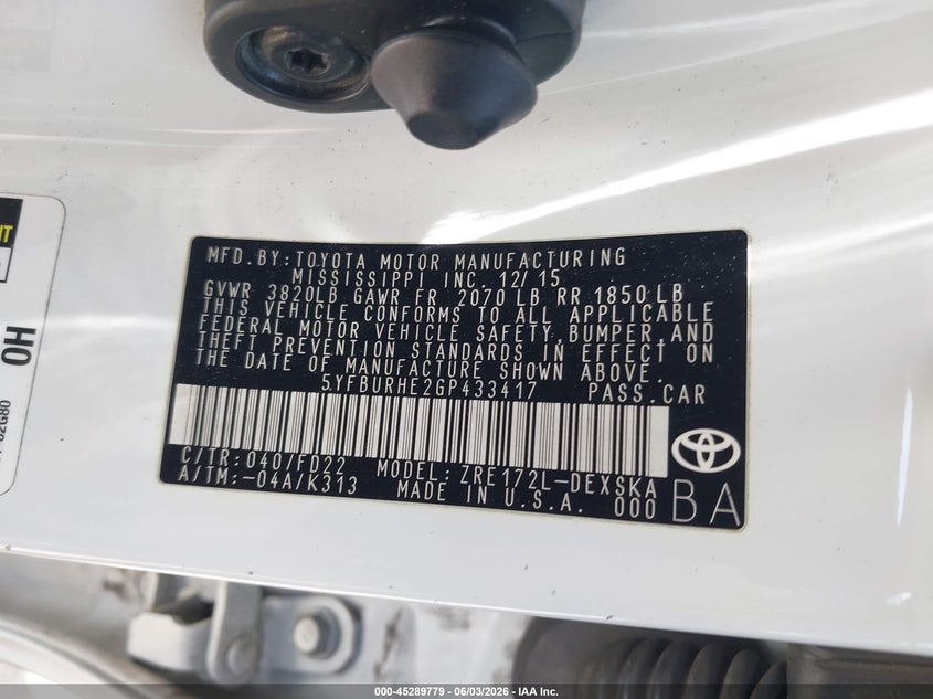 2016 Toyota Corolla VIN 5YFBURHE2GP433417 IAAI salvage auction — FRONT END, Salvage Title, sold $3,050 on 2026-07-11 (photo 9)