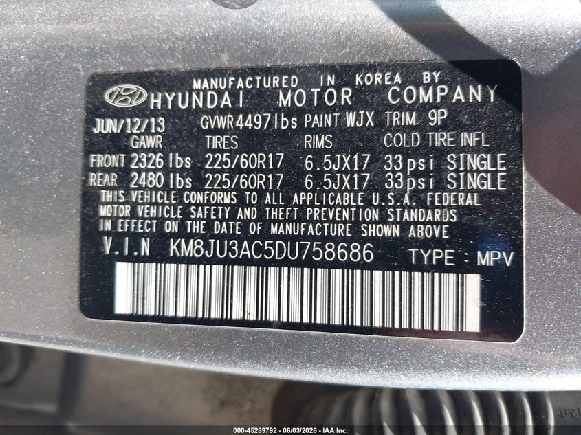 2013 Hyundai Tucson VIN KM8JU3AC5DU758686 IAAI salvage auction — FRONT & REAR, Salvage Title, sold $1,800 on 2026-07-07 (photo 9)
