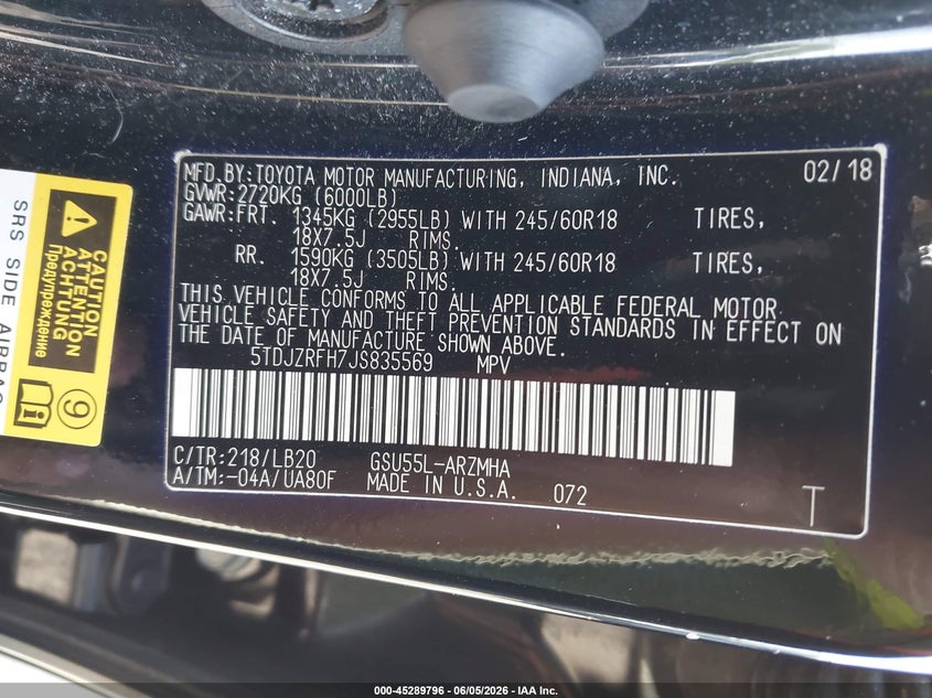 2018 Toyota Highlander VIN 5TDJZRFH7JS835569 IAAI salvage auction — FRONT END, Salvage Title, sold $9,275 on 2026-07-14 (photo 9)
