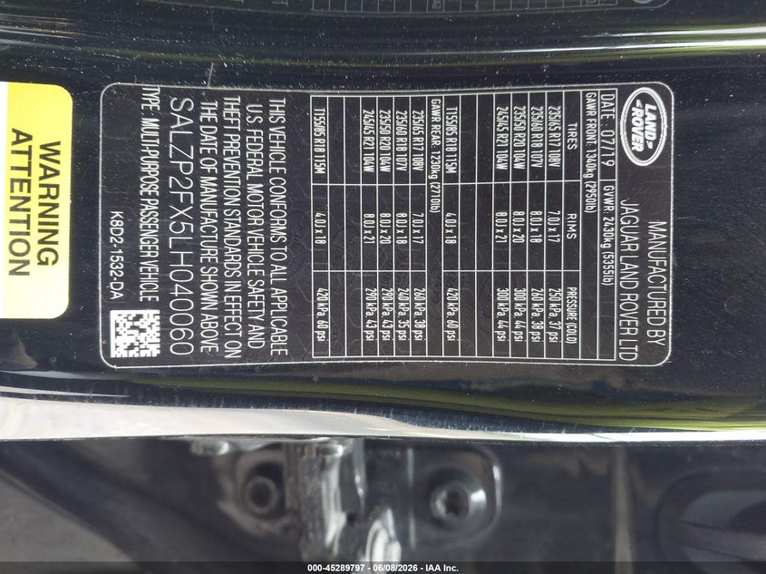 2020 Land rover Range rover evoque VIN SALZP2FX5LH040060 IAAI salvage auction — REAR END, Salvage Title, sold $10,200 on 2026-08-18 (photo 9)