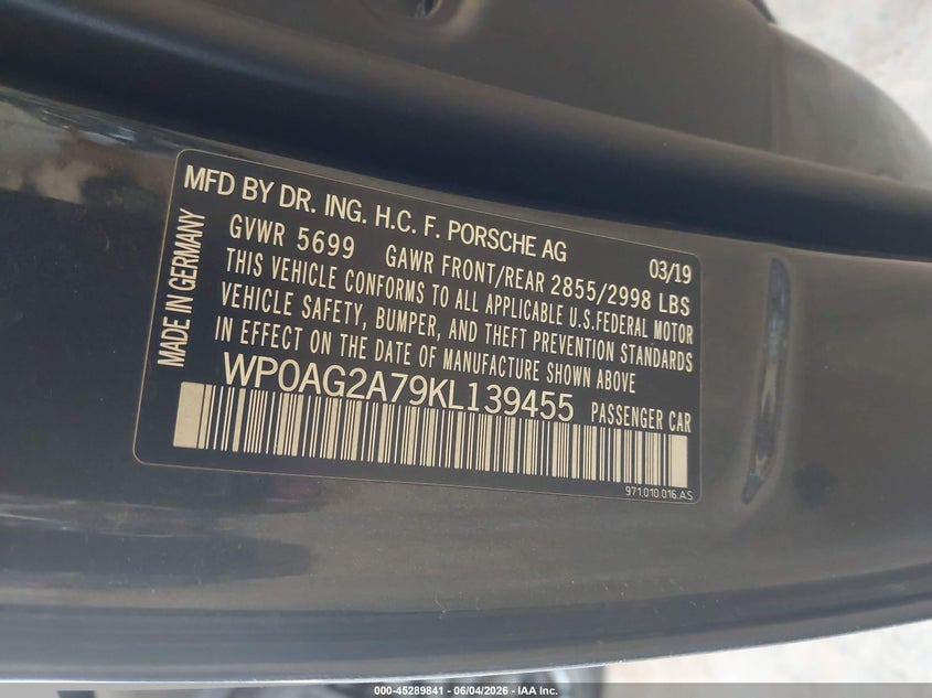 2019 Porsche Panamera VIN WP0AG2A79KL139455 IAAI salvage auction — FRONT END, Salvage Title, sold $23,975 on 2026-07-21 (photo 9)