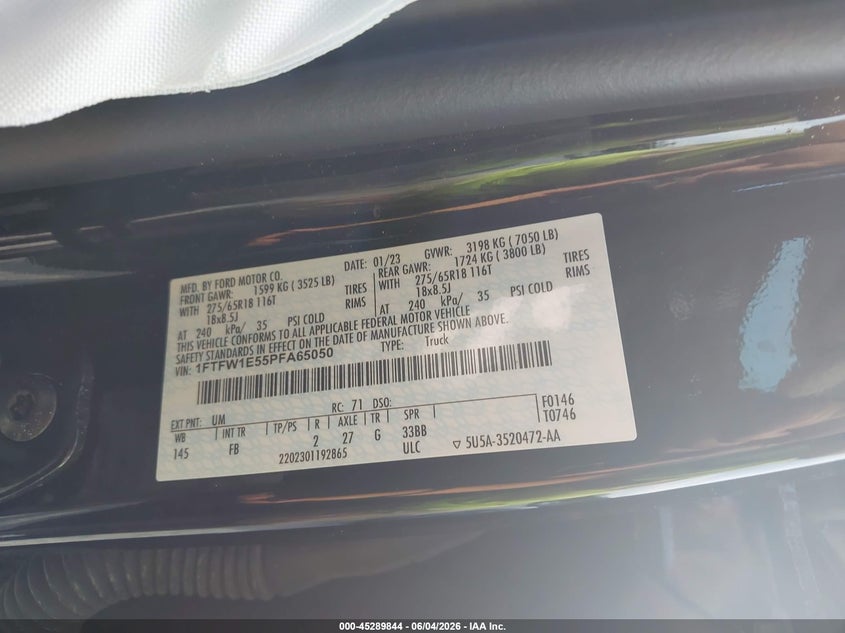 2023 Ford F-150 VIN 1FTFW1E55PFA65050 IAAI salvage auction — LEFT FRONT, Salvage Title, sold $7,975 on 2026-07-30 (photo 9)