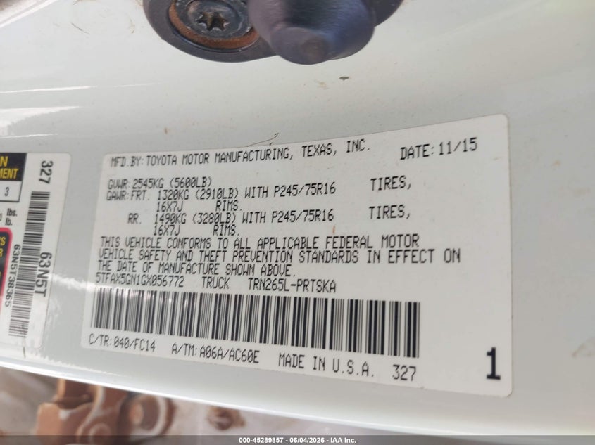 2016 Toyota Tacoma VIN 5TFAX5GN1GX056772 IAAI salvage auction — FRONT END, Salvage Title, sold $7,700 on 2026-07-06 (photo 9)