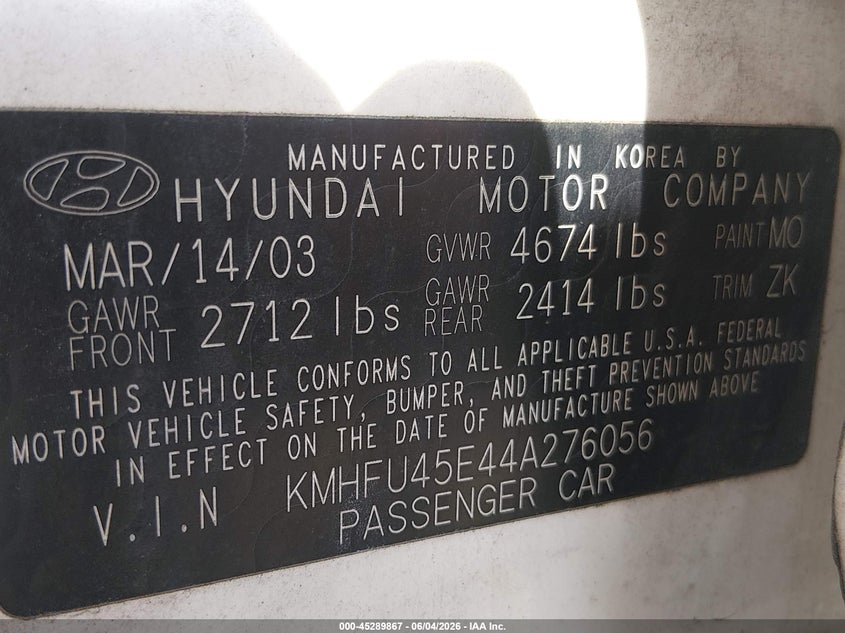 2004 Hyundai Xg VIN KMHFU45E44A276056 IAAI salvage auction — RIGHT SIDE, Clear (Tennessee), sold $500 on 2026-07-09 (photo 9)