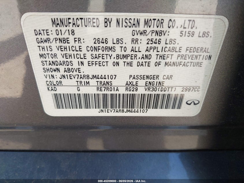 2018 Infiniti Q50 VIN JN1EV7AR8JM444107 IAAI salvage auction — RIGHT FRONT, Salvage Title, sold $2,150 on 2026-07-24 (photo 9)