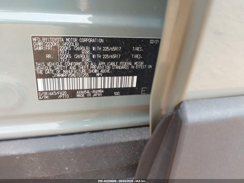 2021 Toyota Rav 4 VIN JTMRWRFV5MD101255 IAAI salvage auction — HAIL, Salvage Title, sold $16,500 on 2026-07-13 (photo 9)