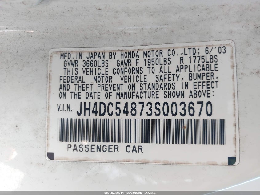 2003 Acura Rsx VIN JH4DC54873S003670 IAAI salvage auction — NORMAL WEAR, Clear (North Carolina), sold $450 on 2026-07-08 (photo 9)