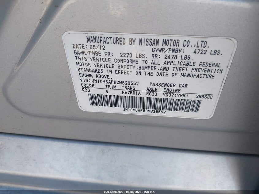 2012 Infiniti G VIN JN1CV6AP8CM629552 IAAI salvage auction — LEFT & RIGHT, Salvage Title, sold $425 on 2026-07-07 (photo 9)