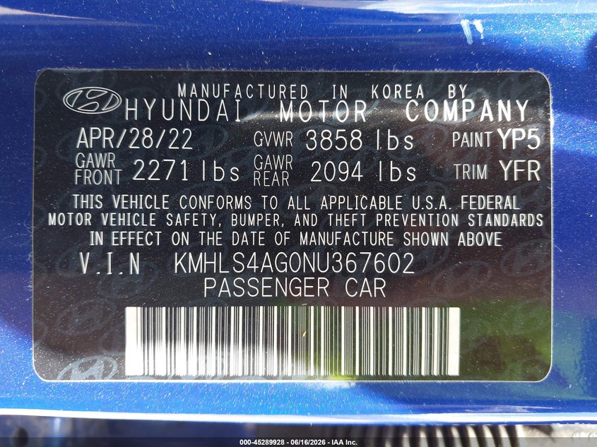 2022 Hyundai Elantra VIN KMHLS4AG0NU367602 IAAI salvage auction — FRONT & REAR, Salvage (Ohio), sold $3,725 on 2026-07-30 (photo 9)