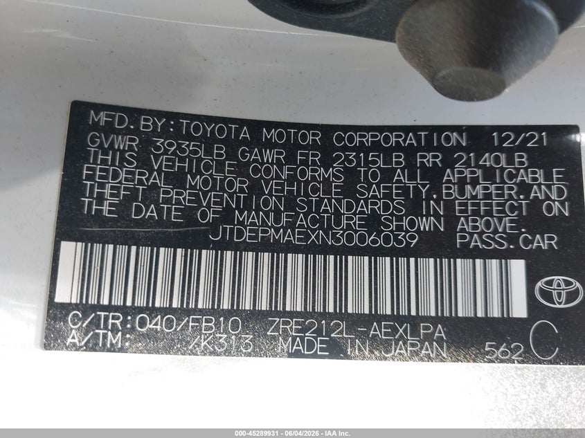 2022 Toyota Corolla VIN JTDEPMAEXN3006039 IAAI salvage auction — FRONT & REAR, Salvage Title, sold $900 on 2026-07-22 (photo 9)