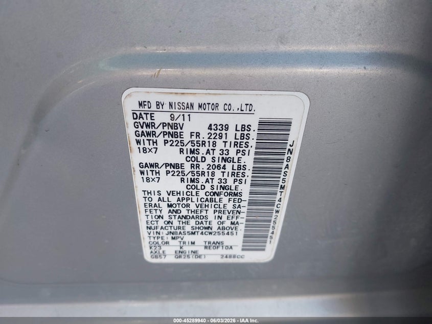 2012 Nissan Rogue VIN JN8AS5MT4CW255451 IAAI salvage auction — FRONT END, Repossession Paperwork (Georgia), sold $275 on 2026-07-22 (photo 9)