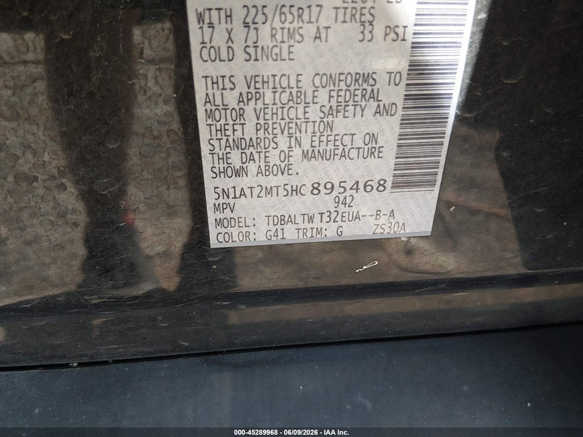 2017 Nissan Rogue VIN 5N1AT2MT5HC895468 IAAI salvage auction — HAIL, Salvage Title, sold $4,175 on 2026-07-10 (photo 9)