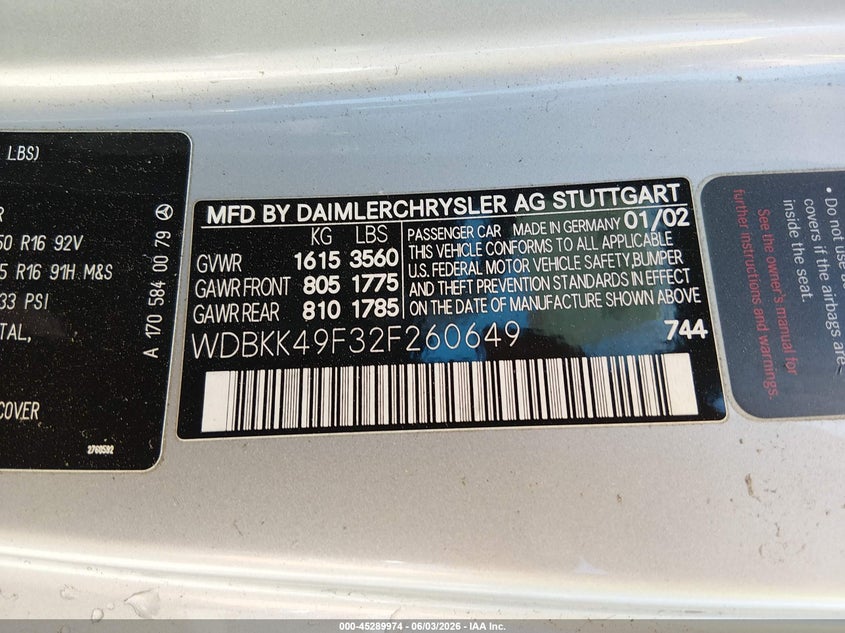 2002 Mercedes-benz Slk-klasse VIN WDBKK49F32F260649 IAAI salvage auction — FRONT & REAR, Salvage (Nevada), sold $875 on 2026-07-10 (photo 9)