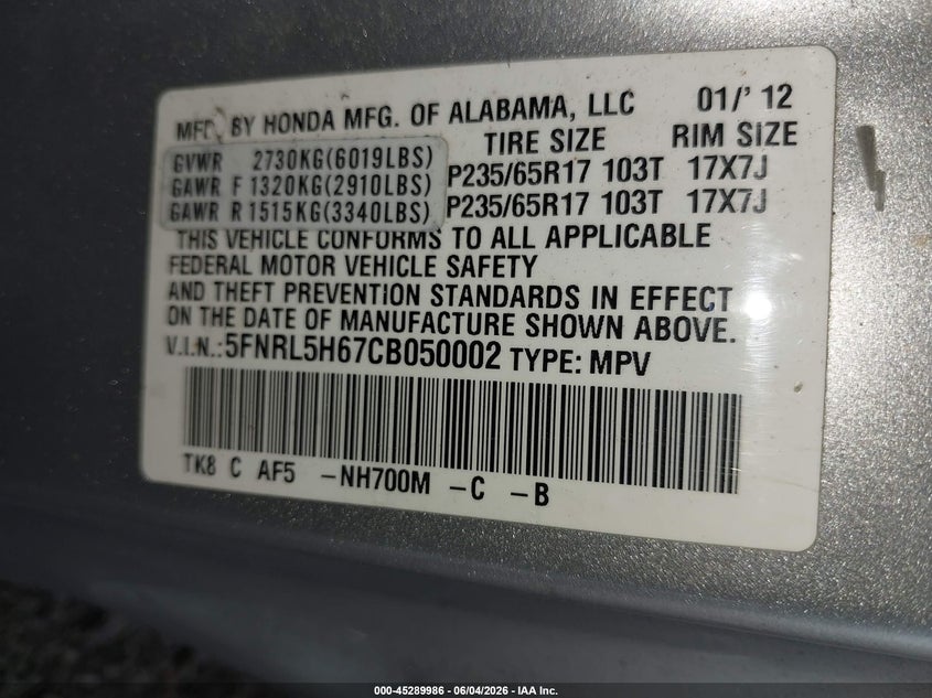 2012 Honda Odyssey VIN 5FNRL5H67CB050002 IAAI salvage auction — FRONT END, Salvage Title, sold $525 on 2026-07-24 (photo 9)
