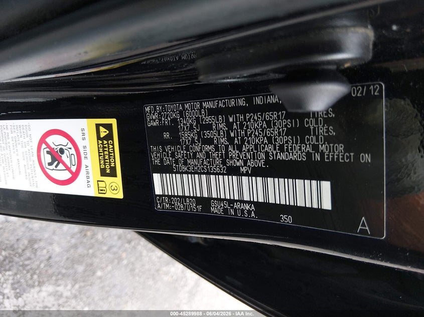 2012 Toyota Highlander VIN 5TDBK3EH2CS135632 IAAI salvage auction — RIGHT SIDE, Salvage Title, sold $3,350 on 2026-07-07 (photo 9)